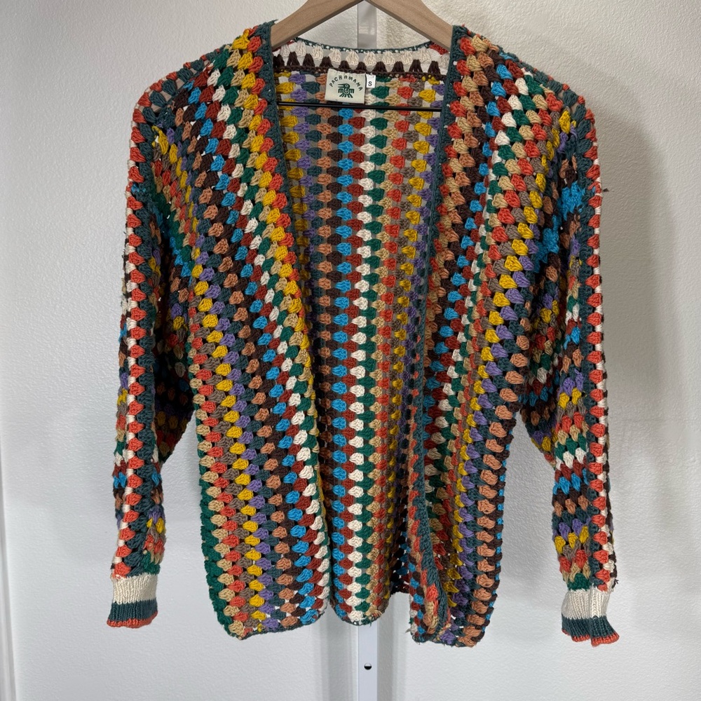 Pachamama Hand Knit Rainbow Cotton Sweater Open‎ Cardigan Small